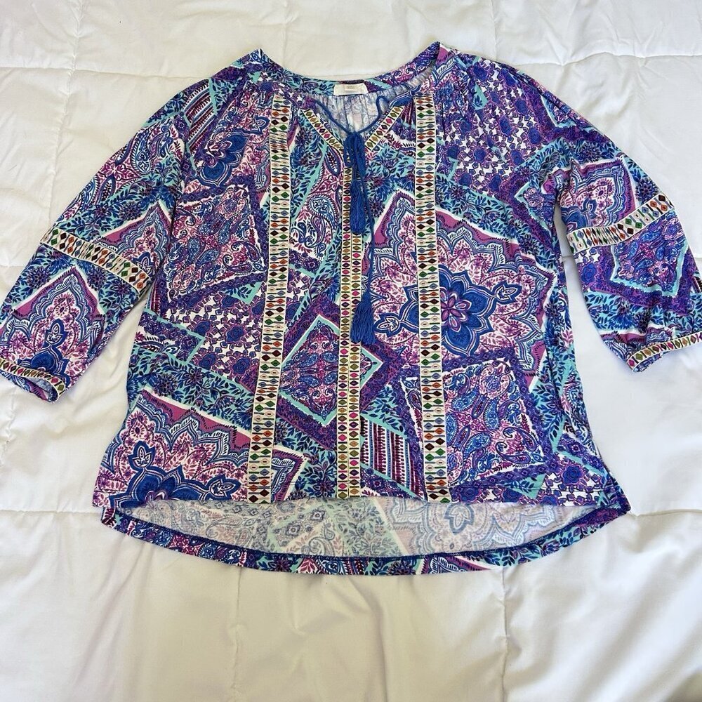 Cupio Womens Large Blue‎ Purple Paisley 3/4 Sleeve Tie Blouse Top Casual